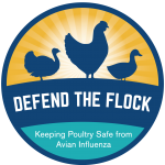 Defend the flock logo, keeping poultry safe from avian influenza, outline of duck, turkey, and chicken